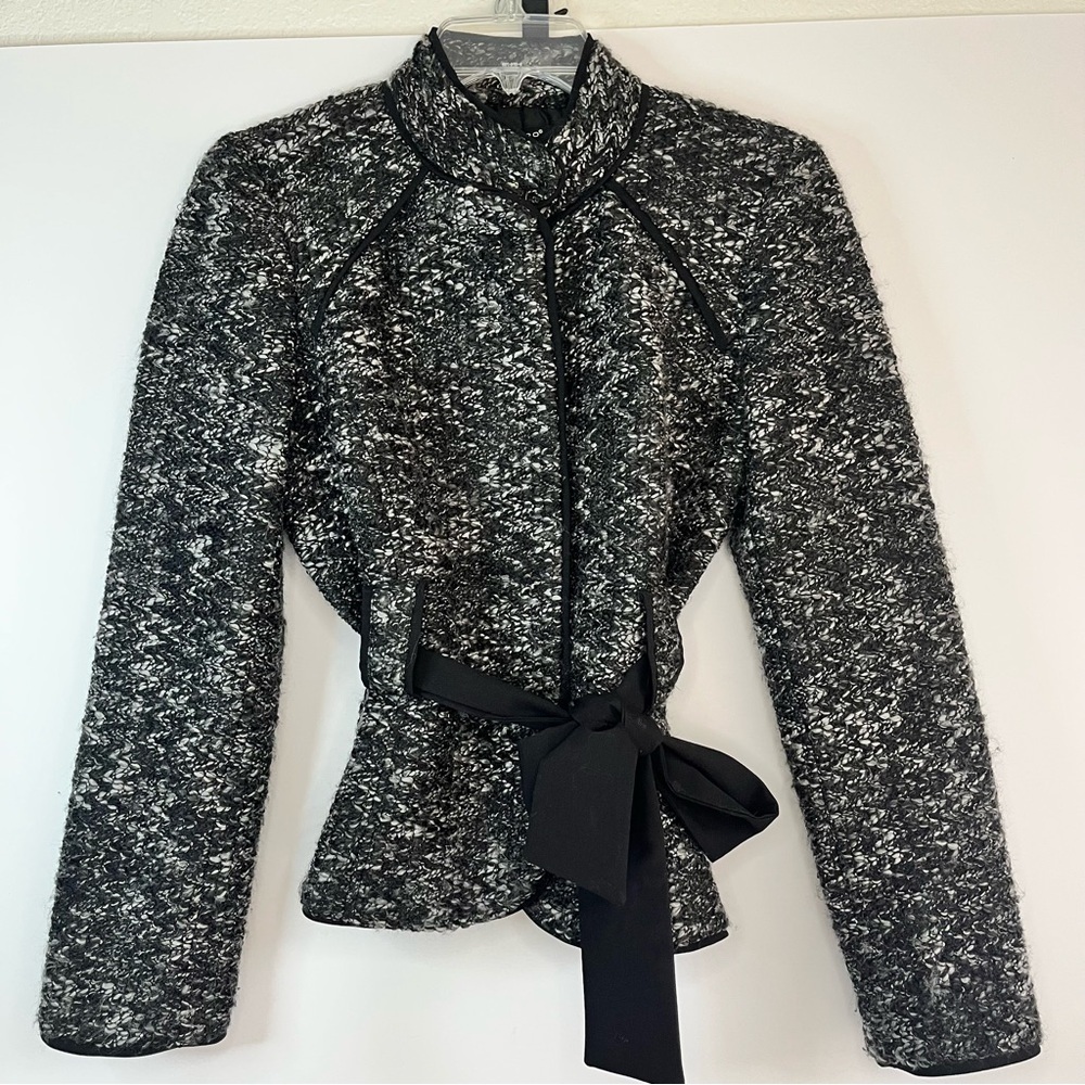 Sandro Black White Coat Jacket Knit Waist Belted Dressy Women Small Evening